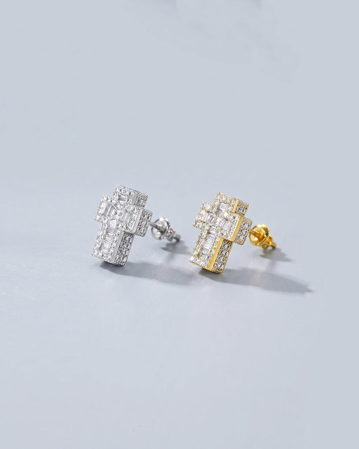 Rewahard - Iced Baguette Cross Stud Earrings