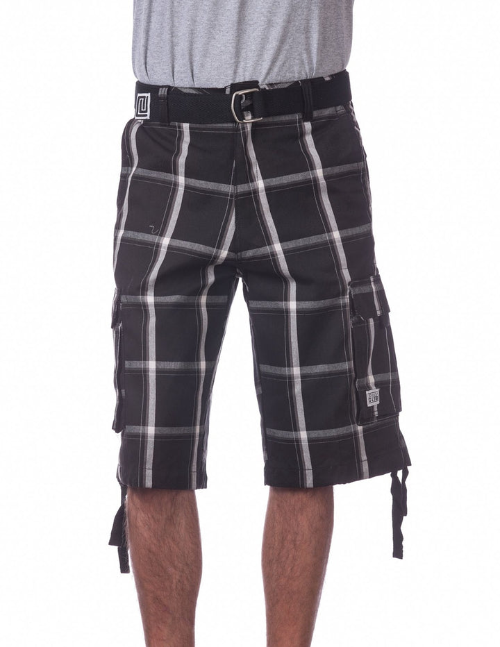 Pro Club Twill Cargo Shorts with Belt - BLACK PLAID