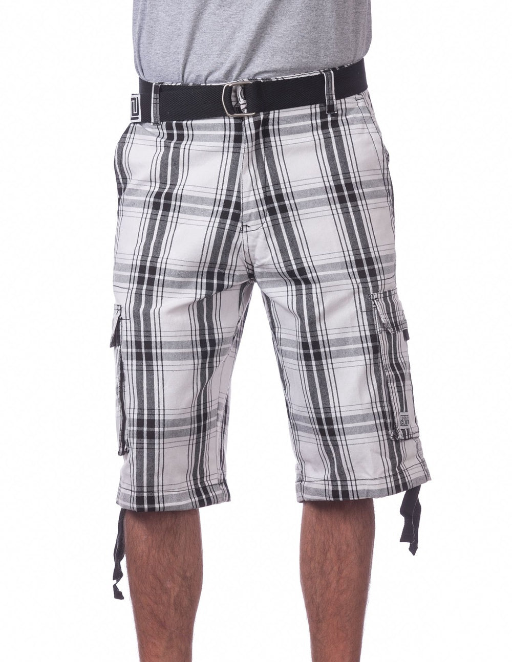 Pro Club Twill Cargo Shorts with Belt - WHITE PLAID