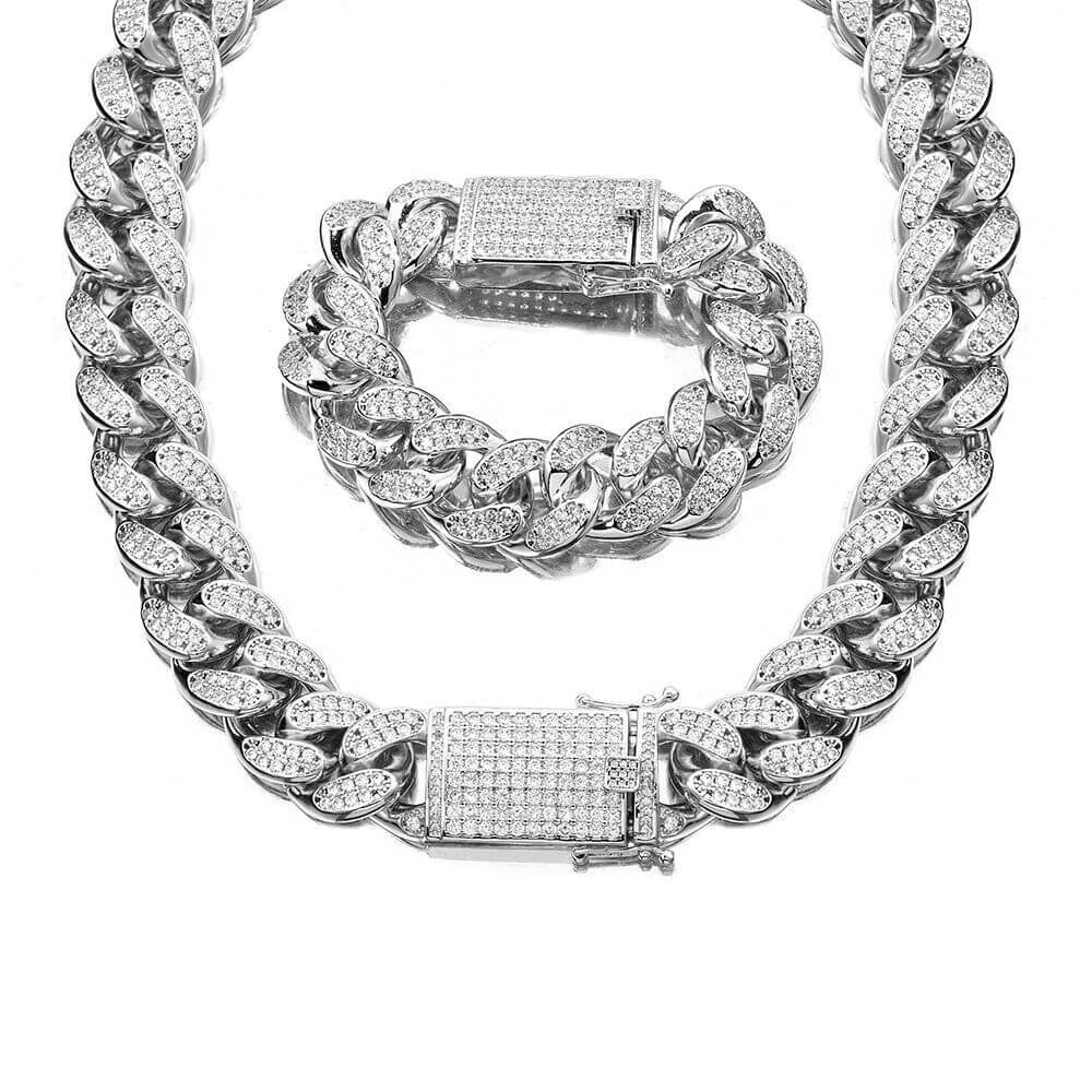 Rewahard - Men's Stainless Steel Diamond 18mm Cuban Chains Sliver