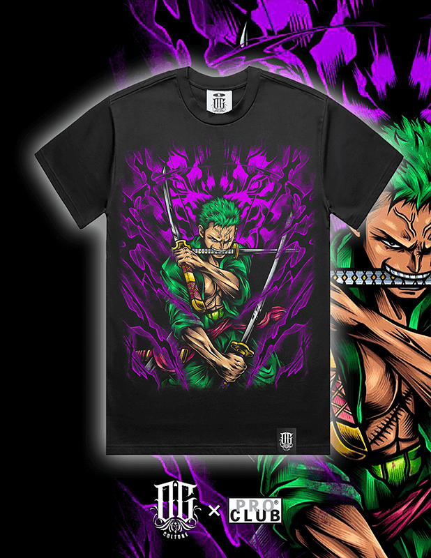 OG Culture X Pro Club Heavyweight Tee - One Piece Pirate Hunter Roronoa Zoro