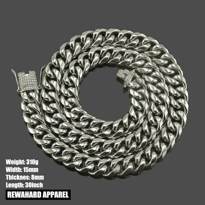 Heavy Stainless Steel Cuban Diamond Clip Chain Necklace - 15mm Width