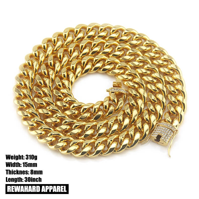 Heavy Stainless Steel Cuban Diamond Clip Chain Necklace - 15mm Width
