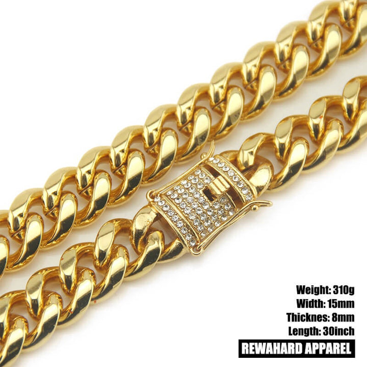 Heavy Stainless Steel Cuban Diamond Clip Chain Necklace - 15mm Width