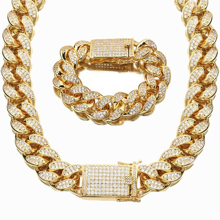 Rewahard - Men's Stainless Steel Diamond 18mm Cuban Chains GOLD